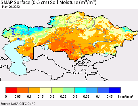 Kazakhstan SMAP Surface (0-5 cm) Soil Moisture (m³/m³) Thematic Map For 5/16/2022 - 5/20/2022