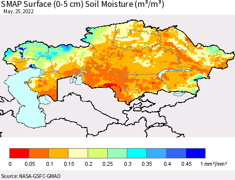 Kazakhstan SMAP Surface (0-5 cm) Soil Moisture (m³/m³) Thematic Map For 5/21/2022 - 5/25/2022