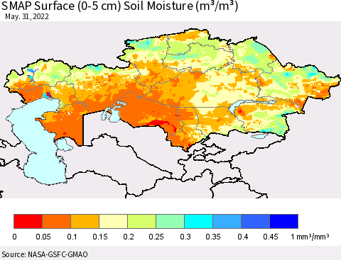 Kazakhstan SMAP Surface (0-5 cm) Soil Moisture (m³/m³) Thematic Map For 5/26/2022 - 5/31/2022