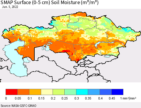 Kazakhstan SMAP Surface (0-5 cm) Soil Moisture (m³/m³) Thematic Map For 6/1/2022 - 6/5/2022