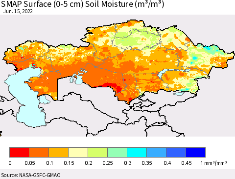 Kazakhstan SMAP Surface (0-5 cm) Soil Moisture (m³/m³) Thematic Map For 6/11/2022 - 6/15/2022
