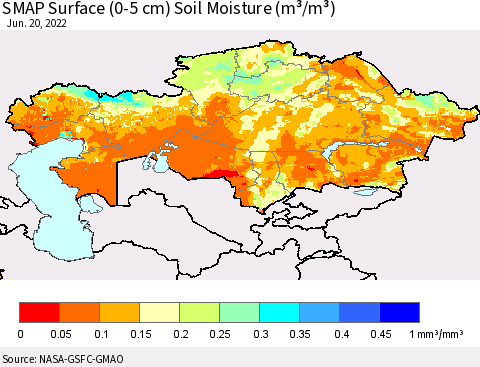 Kazakhstan SMAP Surface (0-5 cm) Soil Moisture (m³/m³) Thematic Map For 6/16/2022 - 6/20/2022