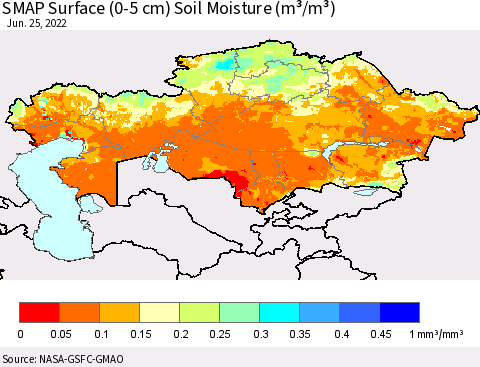 Kazakhstan SMAP Surface (0-5 cm) Soil Moisture (m³/m³) Thematic Map For 6/21/2022 - 6/25/2022