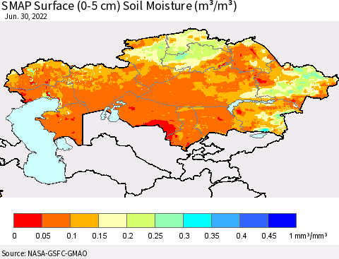Kazakhstan SMAP Surface (0-5 cm) Soil Moisture (m³/m³) Thematic Map For 6/26/2022 - 6/30/2022