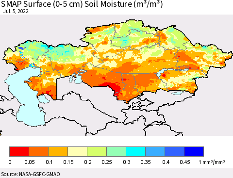 Kazakhstan SMAP Surface (0-5 cm) Soil Moisture (m³/m³) Thematic Map For 7/1/2022 - 7/5/2022