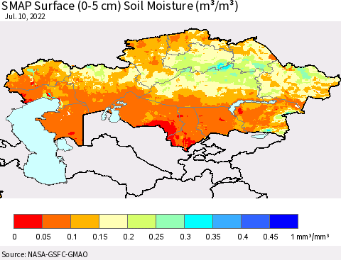 Kazakhstan SMAP Surface (0-5 cm) Soil Moisture (m³/m³) Thematic Map For 7/6/2022 - 7/10/2022