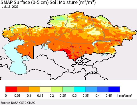 Kazakhstan SMAP Surface (0-5 cm) Soil Moisture (m³/m³) Thematic Map For 7/11/2022 - 7/15/2022