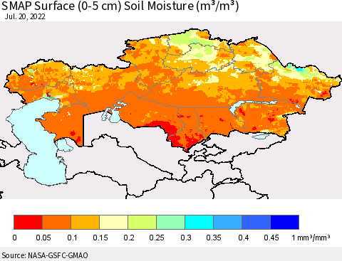 Kazakhstan SMAP Surface (0-5 cm) Soil Moisture (m³/m³) Thematic Map For 7/16/2022 - 7/20/2022