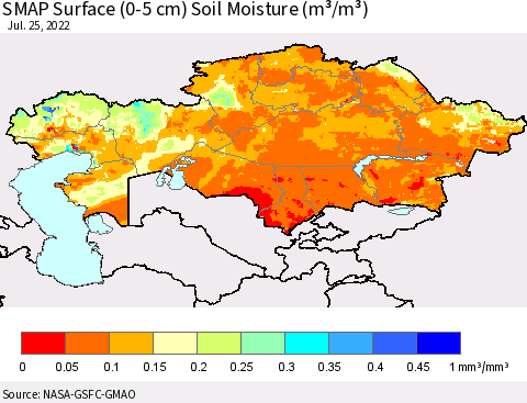 Kazakhstan SMAP Surface (0-5 cm) Soil Moisture (m³/m³) Thematic Map For 7/21/2022 - 7/25/2022