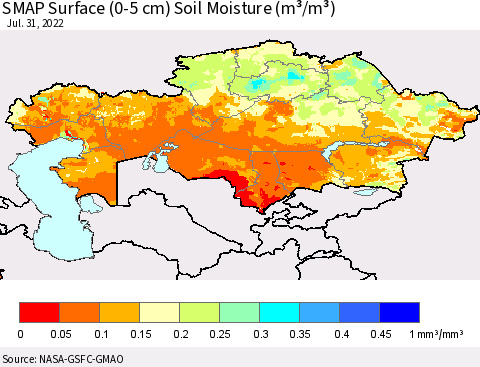 Kazakhstan SMAP Surface (0-5 cm) Soil Moisture (m³/m³) Thematic Map For 7/26/2022 - 7/31/2022