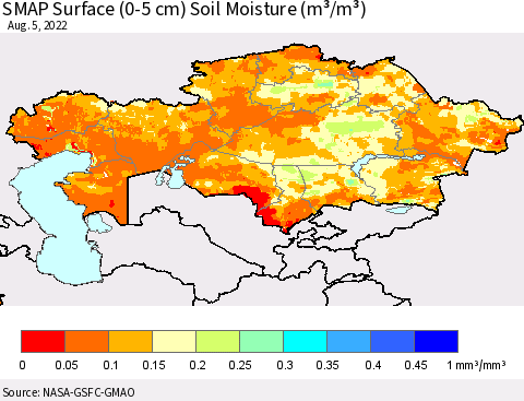 Kazakhstan SMAP Surface (0-5 cm) Soil Moisture (m³/m³) Thematic Map For 8/1/2022 - 8/5/2022