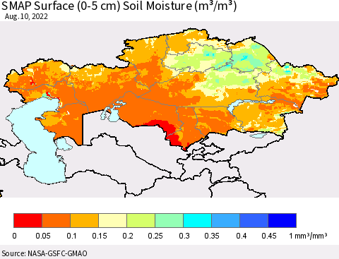 Kazakhstan SMAP Surface (0-5 cm) Soil Moisture (m³/m³) Thematic Map For 8/6/2022 - 8/10/2022