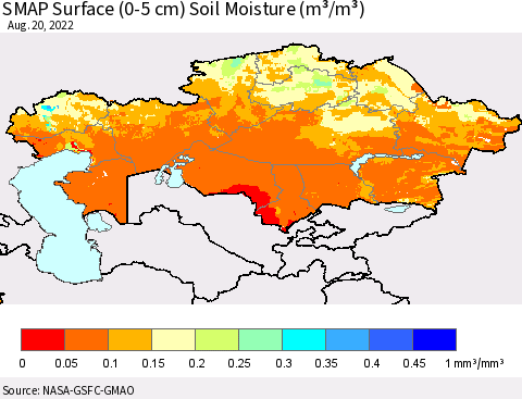 Kazakhstan SMAP Surface (0-5 cm) Soil Moisture (m³/m³) Thematic Map For 8/16/2022 - 8/20/2022