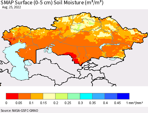 Kazakhstan SMAP Surface (0-5 cm) Soil Moisture (m³/m³) Thematic Map For 8/21/2022 - 8/25/2022