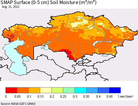 Kazakhstan SMAP Surface (0-5 cm) Soil Moisture (m³/m³) Thematic Map For 8/26/2022 - 8/31/2022