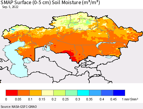 Kazakhstan SMAP Surface (0-5 cm) Soil Moisture (m³/m³) Thematic Map For 9/1/2022 - 9/5/2022
