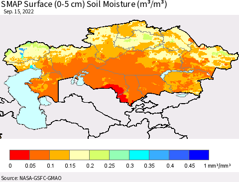 Kazakhstan SMAP Surface (0-5 cm) Soil Moisture (m³/m³) Thematic Map For 9/11/2022 - 9/15/2022