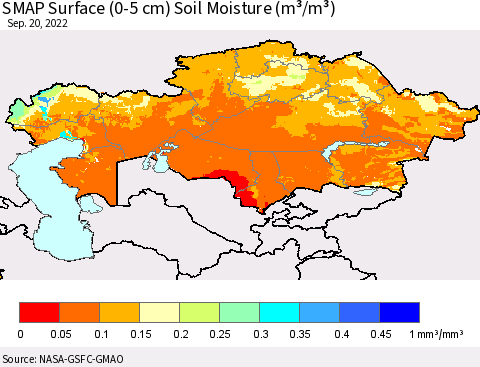 Kazakhstan SMAP Surface (0-5 cm) Soil Moisture (m³/m³) Thematic Map For 9/16/2022 - 9/20/2022