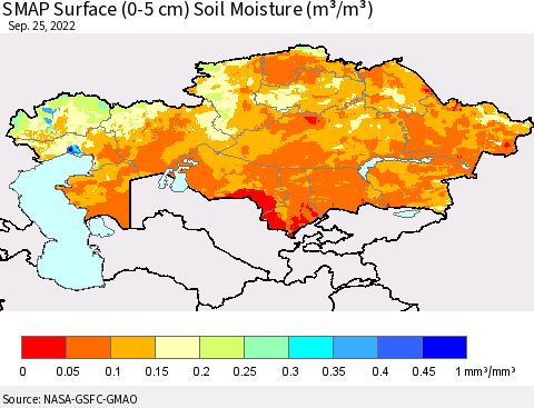 Kazakhstan SMAP Surface (0-5 cm) Soil Moisture (m³/m³) Thematic Map For 9/21/2022 - 9/25/2022