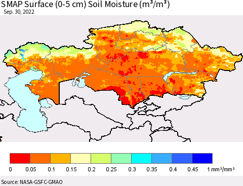 Kazakhstan SMAP Surface (0-5 cm) Soil Moisture (m³/m³) Thematic Map For 9/26/2022 - 9/30/2022