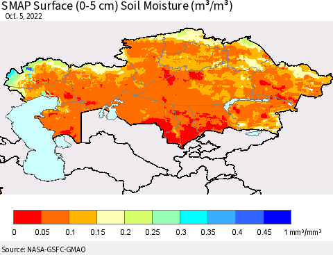 Kazakhstan SMAP Surface (0-5 cm) Soil Moisture (m³/m³) Thematic Map For 10/1/2022 - 10/5/2022