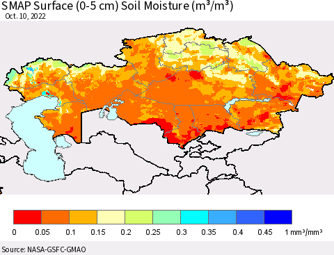 Kazakhstan SMAP Surface (0-5 cm) Soil Moisture (m³/m³) Thematic Map For 10/6/2022 - 10/10/2022