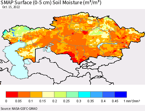 Kazakhstan SMAP Surface (0-5 cm) Soil Moisture (m³/m³) Thematic Map For 10/11/2022 - 10/15/2022