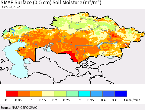 Kazakhstan SMAP Surface (0-5 cm) Soil Moisture (m³/m³) Thematic Map For 10/16/2022 - 10/20/2022