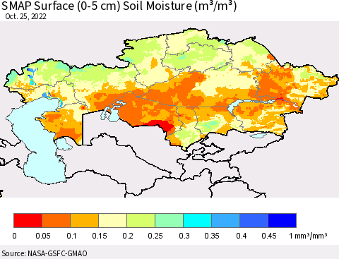 Kazakhstan SMAP Surface (0-5 cm) Soil Moisture (m³/m³) Thematic Map For 10/21/2022 - 10/25/2022
