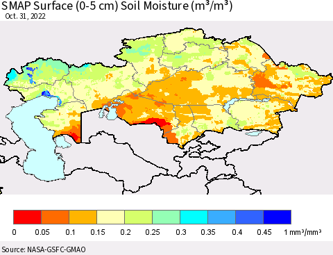 Kazakhstan SMAP Surface (0-5 cm) Soil Moisture (m³/m³) Thematic Map For 10/26/2022 - 10/31/2022