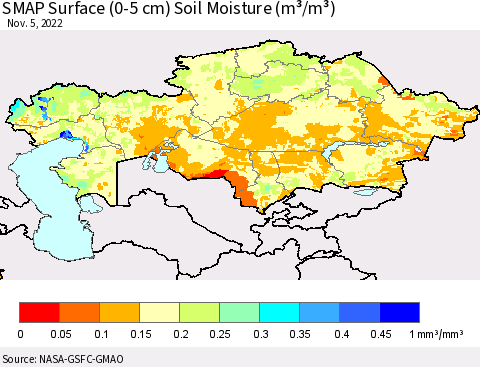 Kazakhstan SMAP Surface (0-5 cm) Soil Moisture (m³/m³) Thematic Map For 11/1/2022 - 11/5/2022