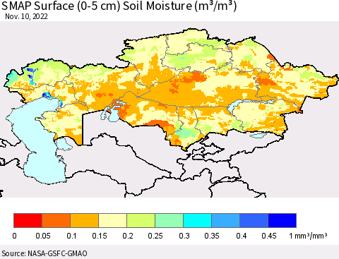 Kazakhstan SMAP Surface (0-5 cm) Soil Moisture (m³/m³) Thematic Map For 11/6/2022 - 11/10/2022