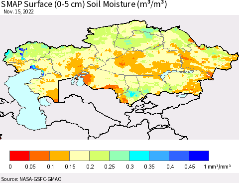 Kazakhstan SMAP Surface (0-5 cm) Soil Moisture (m³/m³) Thematic Map For 11/11/2022 - 11/15/2022
