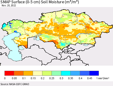 Kazakhstan SMAP Surface (0-5 cm) Soil Moisture (m³/m³) Thematic Map For 11/16/2022 - 11/20/2022
