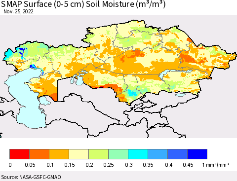 Kazakhstan SMAP Surface (0-5 cm) Soil Moisture (m³/m³) Thematic Map For 11/21/2022 - 11/25/2022