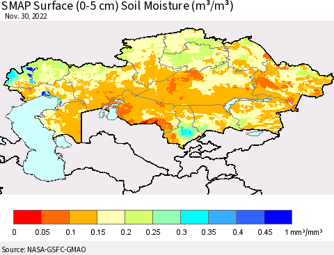 Kazakhstan SMAP Surface (0-5 cm) Soil Moisture (m³/m³) Thematic Map For 11/26/2022 - 11/30/2022