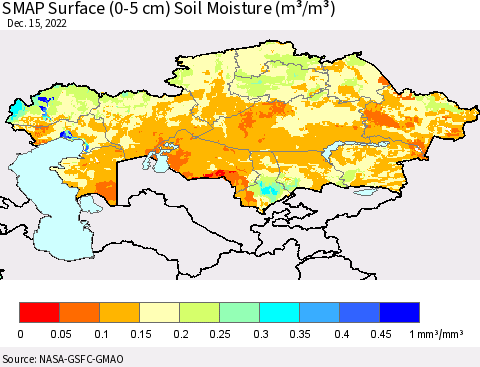 Kazakhstan SMAP Surface (0-5 cm) Soil Moisture (m³/m³) Thematic Map For 12/11/2022 - 12/15/2022
