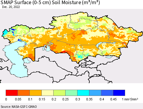 Kazakhstan SMAP Surface (0-5 cm) Soil Moisture (m³/m³) Thematic Map For 12/16/2022 - 12/20/2022