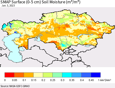 Kazakhstan SMAP Surface (0-5 cm) Soil Moisture (m³/m³) Thematic Map For 1/1/2023 - 1/5/2023