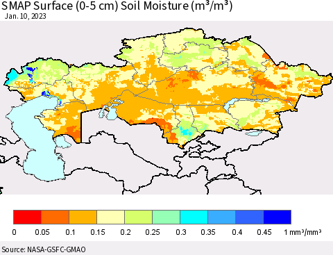 Kazakhstan SMAP Surface (0-5 cm) Soil Moisture (m³/m³) Thematic Map For 1/6/2023 - 1/10/2023