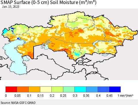 Kazakhstan SMAP Surface (0-5 cm) Soil Moisture (m³/m³) Thematic Map For 1/11/2023 - 1/15/2023