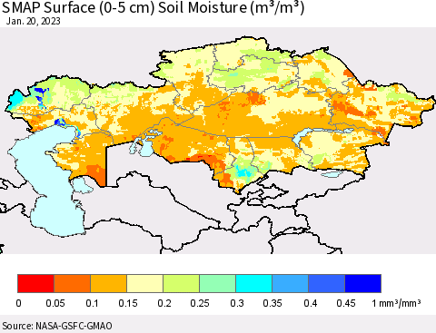 Kazakhstan SMAP Surface (0-5 cm) Soil Moisture (m³/m³) Thematic Map For 1/16/2023 - 1/20/2023