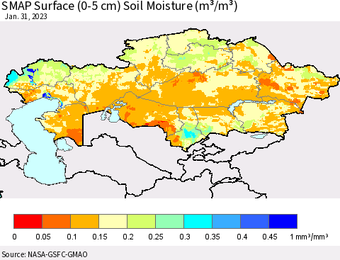 Kazakhstan SMAP Surface (0-5 cm) Soil Moisture (m³/m³) Thematic Map For 1/26/2023 - 1/31/2023