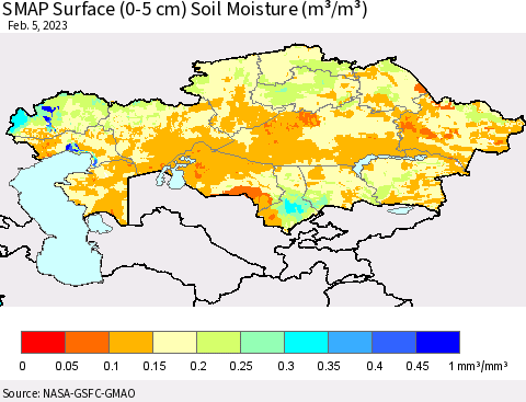 Kazakhstan SMAP Surface (0-5 cm) Soil Moisture (m³/m³) Thematic Map For 2/1/2023 - 2/5/2023