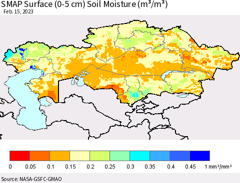 Kazakhstan SMAP Surface (0-5 cm) Soil Moisture (m³/m³) Thematic Map For 2/11/2023 - 2/15/2023