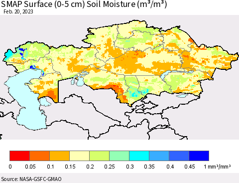Kazakhstan SMAP Surface (0-5 cm) Soil Moisture (m³/m³) Thematic Map For 2/16/2023 - 2/20/2023