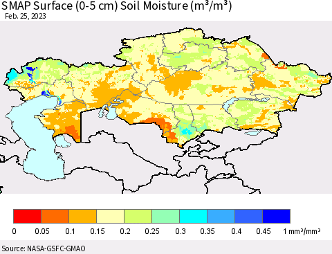 Kazakhstan SMAP Surface (0-5 cm) Soil Moisture (m³/m³) Thematic Map For 2/21/2023 - 2/25/2023