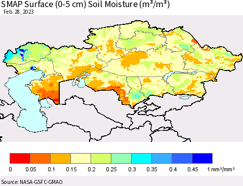 Kazakhstan SMAP Surface (0-5 cm) Soil Moisture (m³/m³) Thematic Map For 2/26/2023 - 2/28/2023