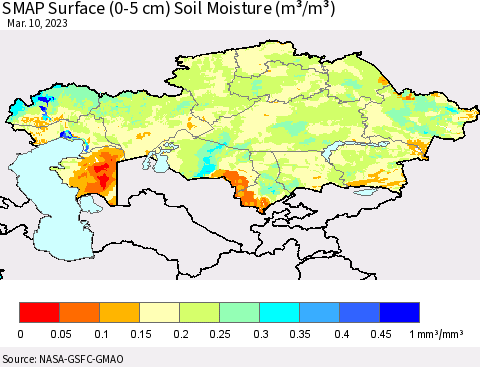Kazakhstan SMAP Surface (0-5 cm) Soil Moisture (m³/m³) Thematic Map For 3/6/2023 - 3/10/2023