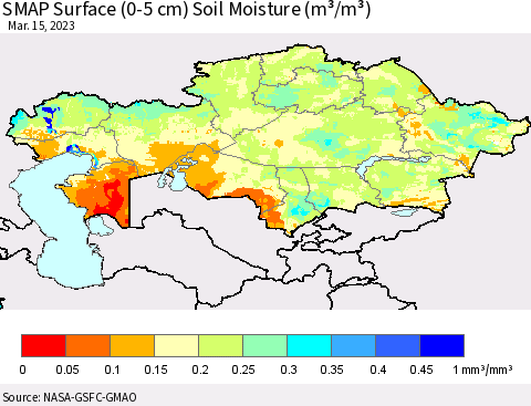 Kazakhstan SMAP Surface (0-5 cm) Soil Moisture (m³/m³) Thematic Map For 3/11/2023 - 3/15/2023